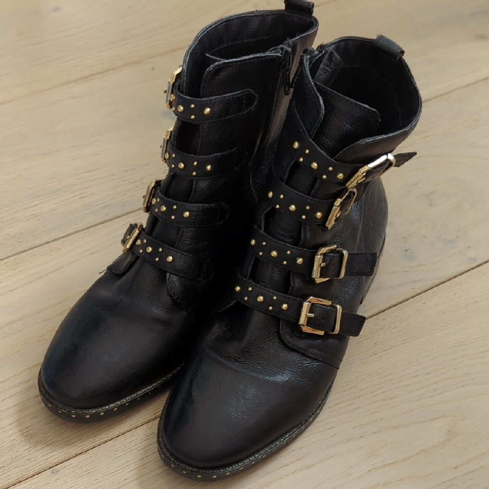 Black Leather Ankle Boots with Gold Accents